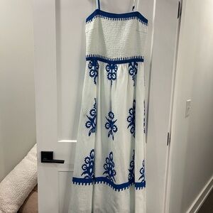 Chic Blue and White Embroidered Maxi Dress